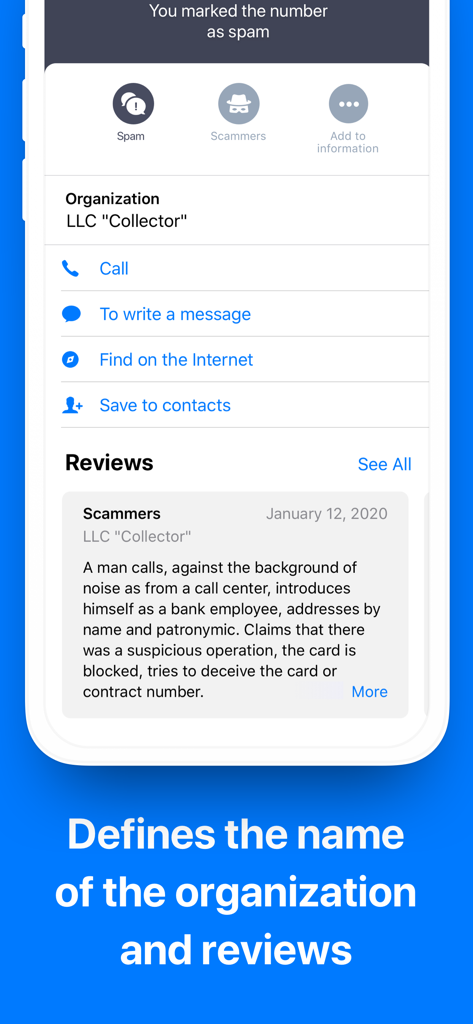 Spam Call Blocker + Caller ID - Captura de pantalla de la aplicación que muestra el nombre de la organización identificada y las reseñas de la comunidad para un llamante de spam.