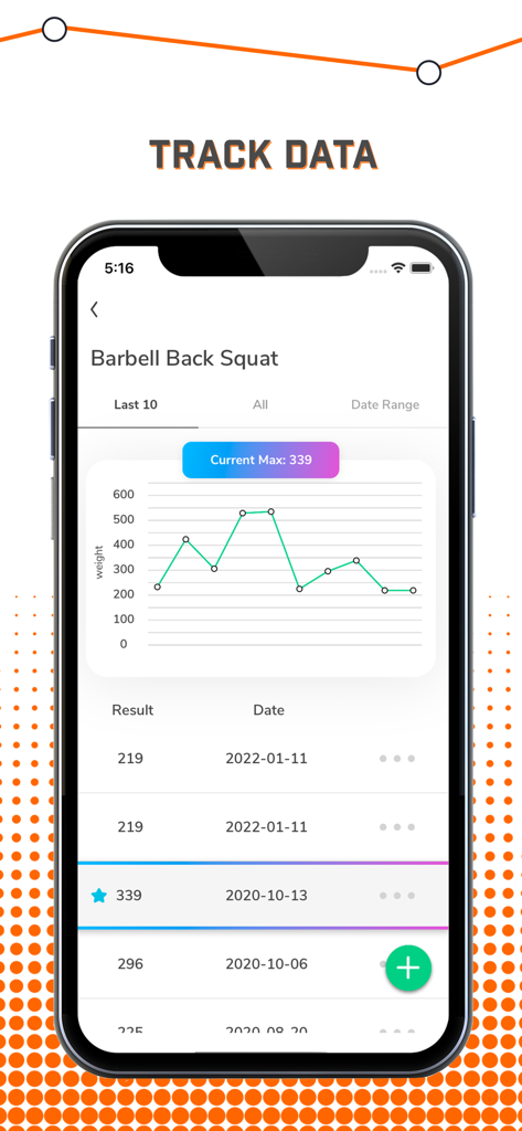 Smartphone screen showing barbell back squat progress graph in the TeamBuildr app