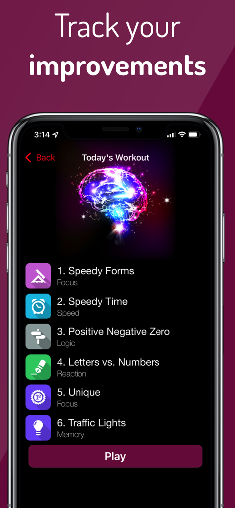 A mobile screen showing a daily brain training workout with games for focus speed and memory