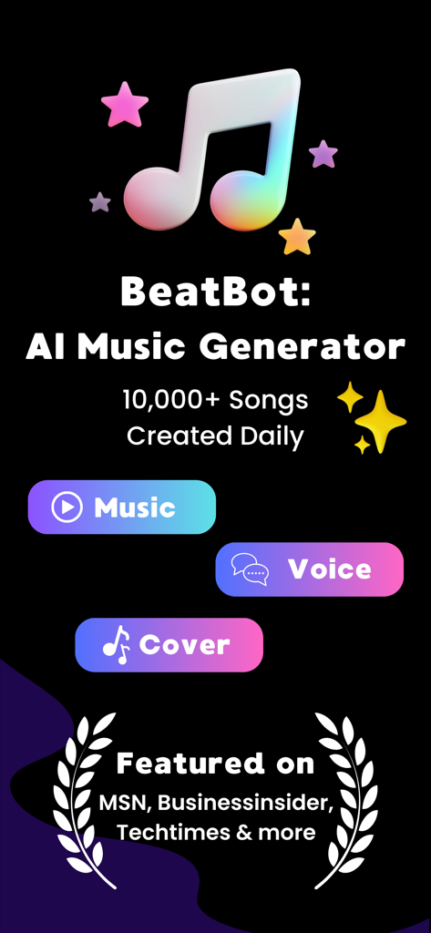 BeatBot: AI Music Generator - BeatBot AI Music Generator app home screen showing features for music, voice, and covers with media endorsements.