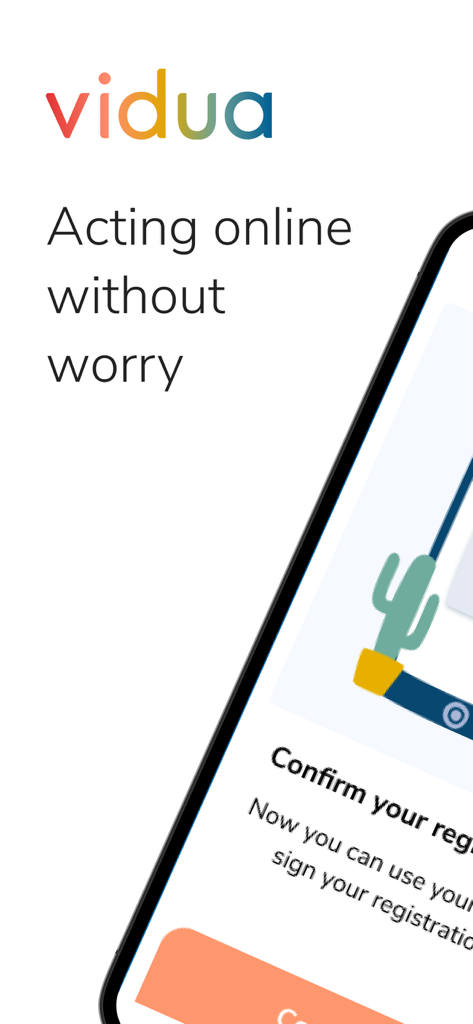 Vidua - Vidua mobile app welcome screen featuring the logo and tagline Acting online without worry