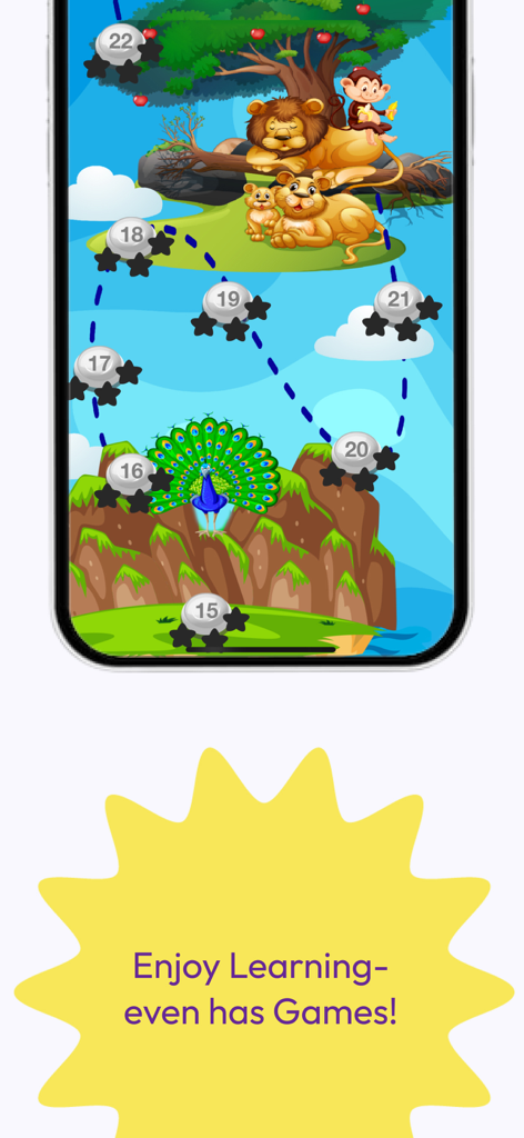 Una captura de pantalla de Scholar Planet que muestra un mapa de juego de aprendizaje con temática de animales con un camino de progreso para niños.