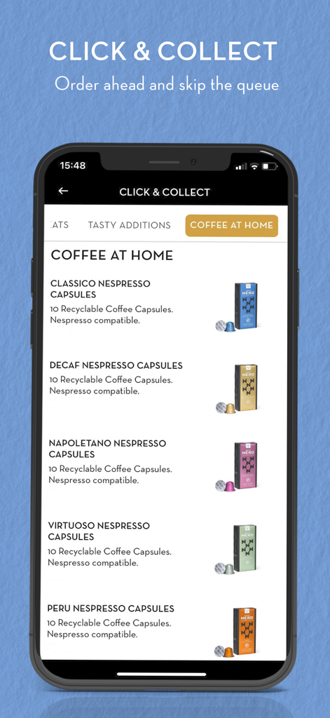 Caffe Nero mobile app screen for ordering coffee capsules through click and collect