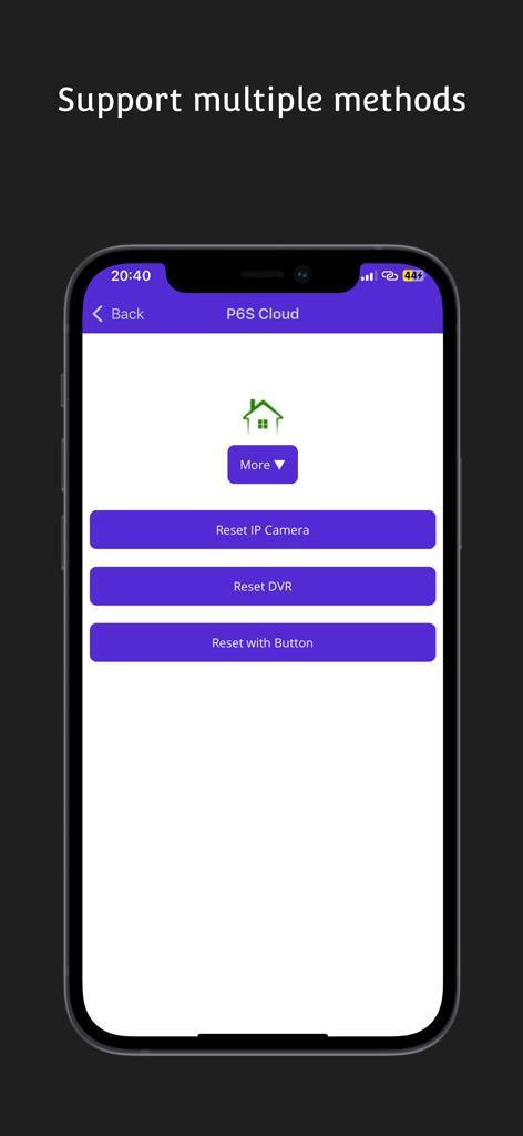 CCTV Super Password - Interface of CCTV Super Password app showing multiple reset methods for IP cameras and DVRs