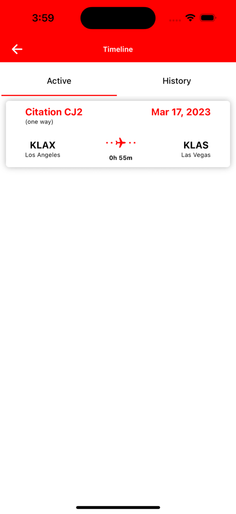 Fly Air - La chronologie de l'application Fly Air affichant un itinéraire de vol privé actif