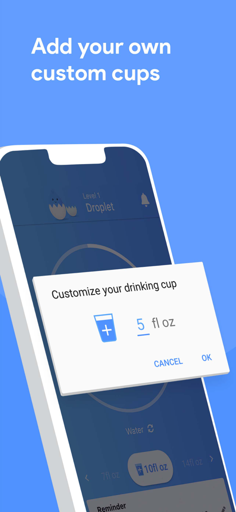 Drink Water Reminder + Tracker - Interfaz de la aplicación Drink Water Reminder que muestra una ventana emergente para personalizar el tamaño de la taza de bebida en onzas líquidas.