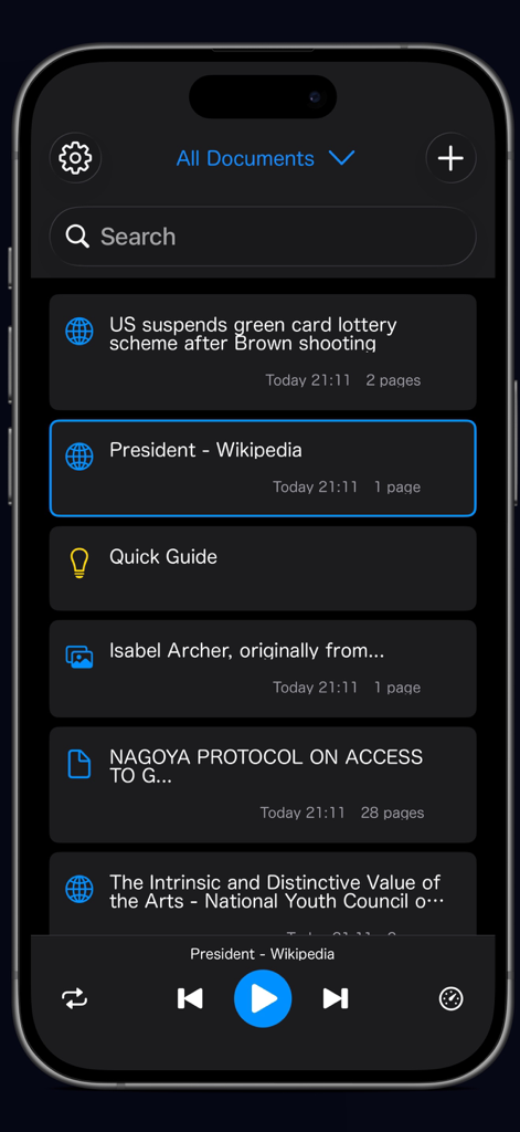 Schermata principale dell'app Voice Reader che mostra un elenco di documenti salvati e i controlli di riproduzione audio.