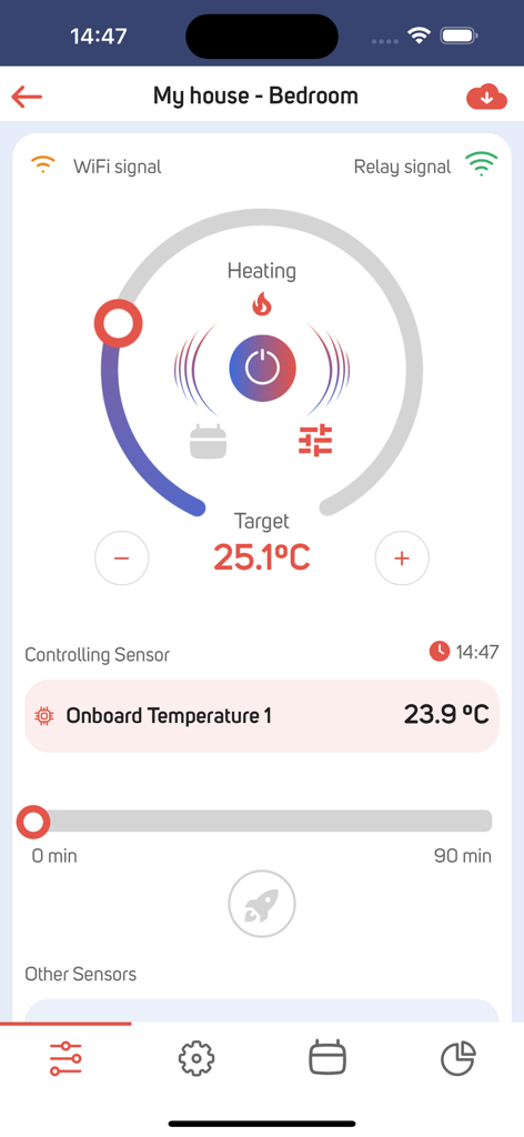 Benutzeroberfläche der proSmart-App, die einen kreisförmigen Regler zur Steuerung der Schlafzimmerheizung mit Ziel- und aktuellen Temperaturwerten zeigt