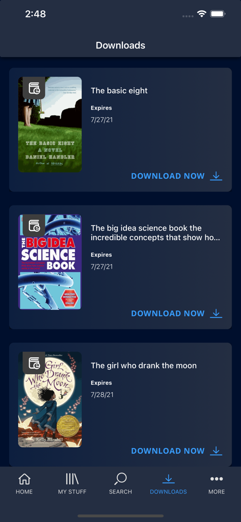 Destiny Discover - Downloads screen in the Destiny Discover app showing school library ebooks available for offline reading.
