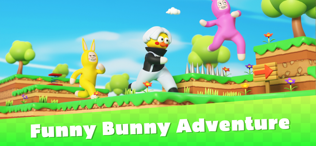 Super Jump Man - Cartoon characters in bunny and chicken costumes jumping and running through a colorful 3D platformer level