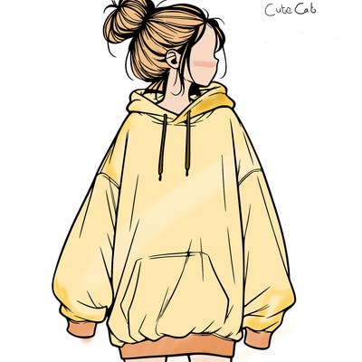 realistic girl with a oversized sweatshirt on and a bun