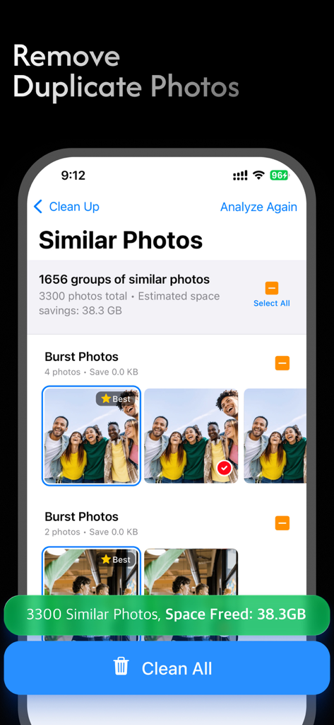Lapu Fan app interface showing the similar photos cleanup tool for freeing up iPhone storage space