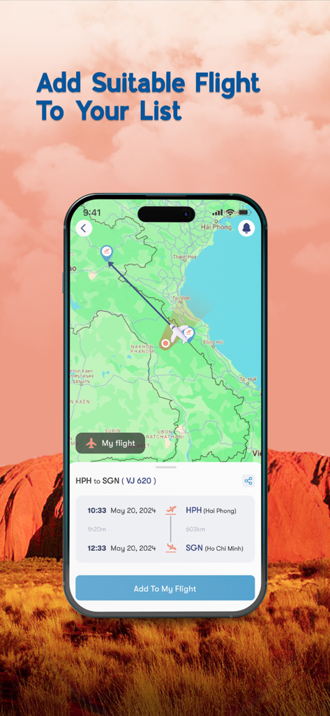Flight Tracker - Air Traffic - Mobile app interface showing a map with a flight route from Hai Phong to Ho Chi Minh City and an Add to My Flight button.