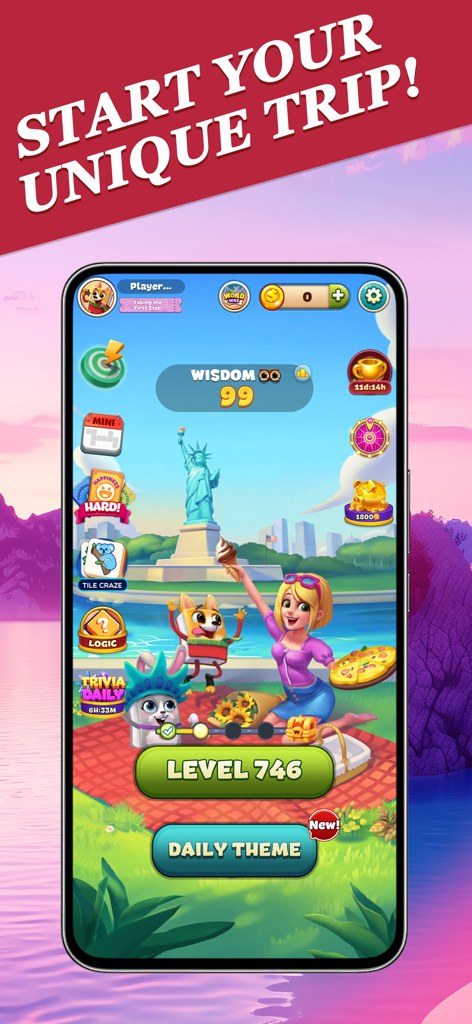 Word Craze - Trivia crosswords - Pantalla de inicio de la aplicación Word Craze con el personaje Ann frente a la Estatua de la Libertad para un viaje de acertijos temático de viajes