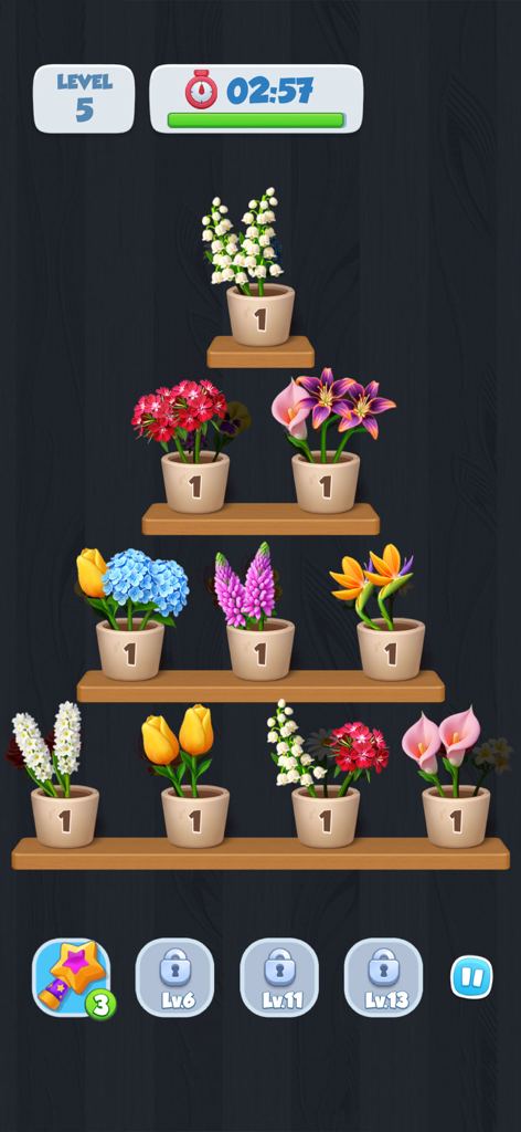 Bloom Match: Flower Blast - Potted flowers arranged on wooden shelves in a sorting puzzle game level