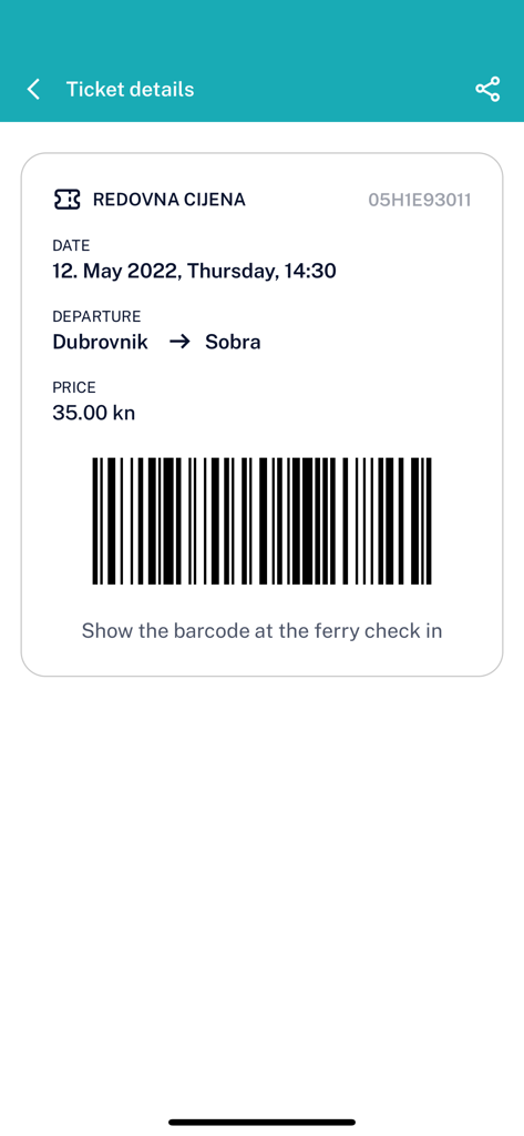Billet de ferry mobile dans l'application TP Line montrant un code-barres pour l'embarquement