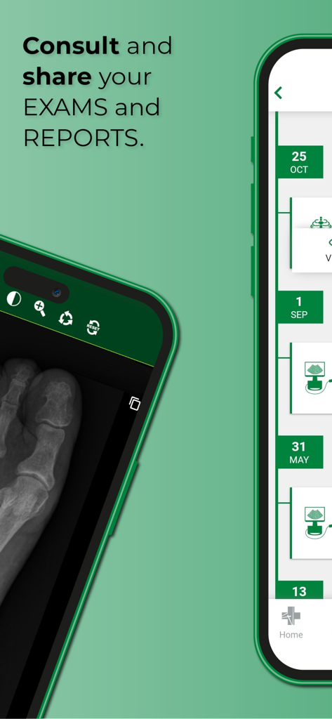 Cruz Verde - Cruz Verde app interface showing a foot xray and a timeline of medical exam results