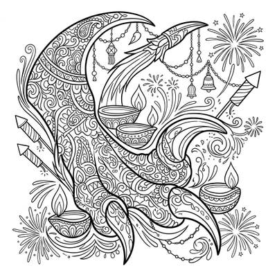 Celebrate the Festival of Lights with a prehistoric twist! This captivating coloring page merges fierce Velociraptor claws with dazzling Diwali lamps, rangoli, and fireworks.