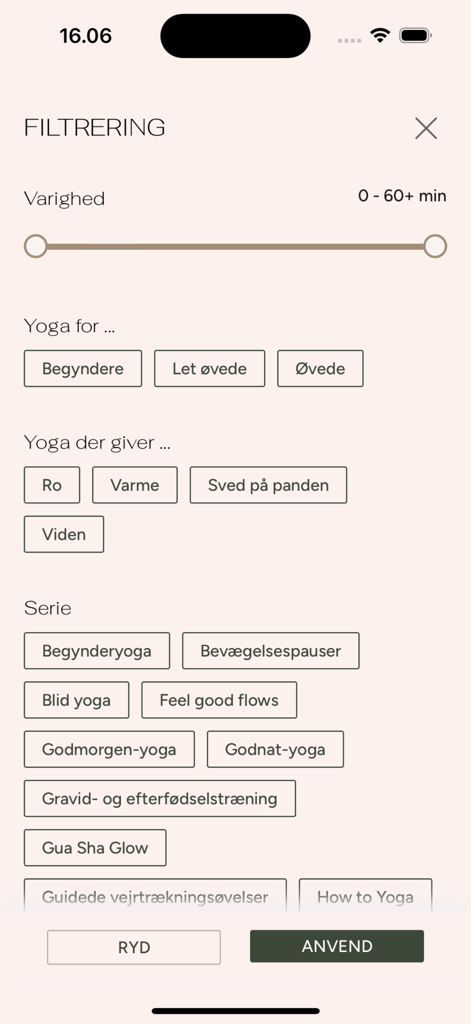 Ro Movement app filtering screen with duration slider and yoga categories