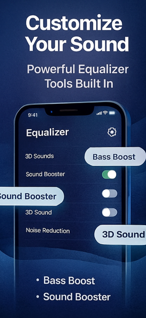 スマートフォンの画面、ヘッドフォンコネクトアプリのイコライザー設定とサウンドカスタマイズツールを表示