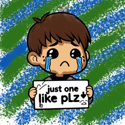 realistic crying boy with a sign saying just one like plz