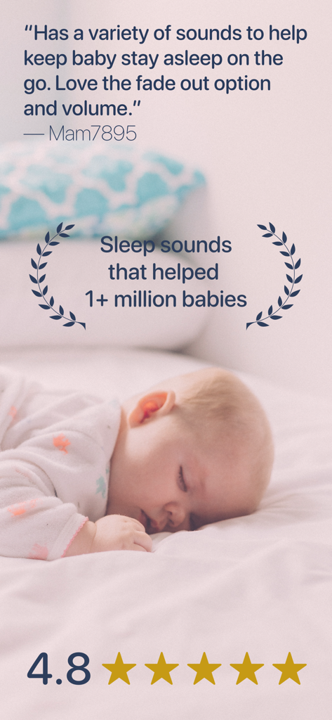 White noise generator, pink - A sleeping baby with a five star rating and user testimonial for the white noise app