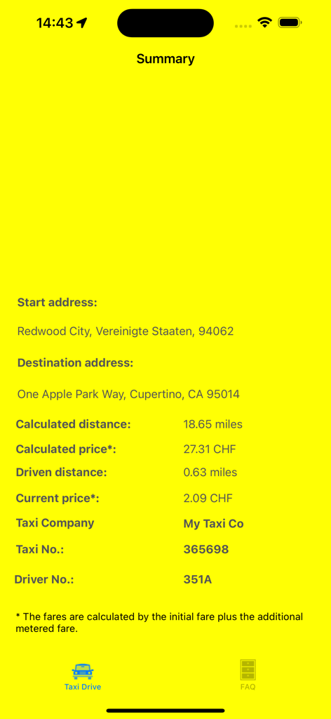 Taxi Control - Interfaz de la aplicación Taxi Control mostrando un resumen del viaje con estimaciones de tarifas y seguimiento de distancia