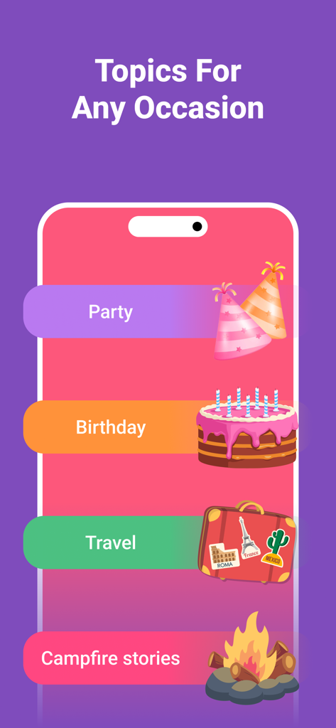 A mobile screen displaying truth or dare game categories for different occasions like party birthday and travel