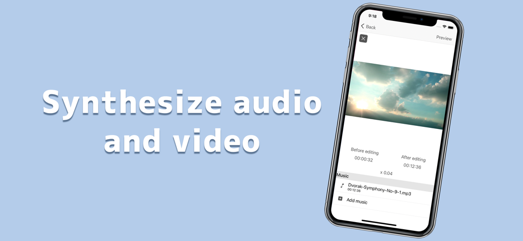 動画スピードアプリのオーディオとビデオを合成するインターフェースを表示するスマートフォン。