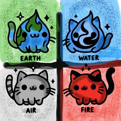 4 cats that represent the different elements, earth, water, air, and fire