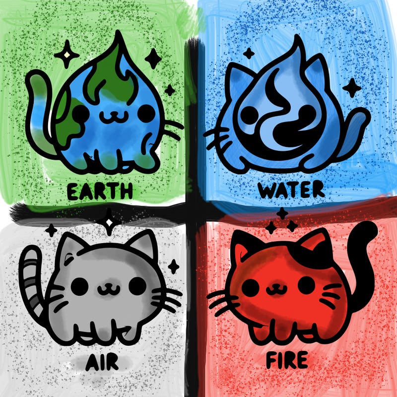 4 cats that represent the different elements, earth, water, air, and fire