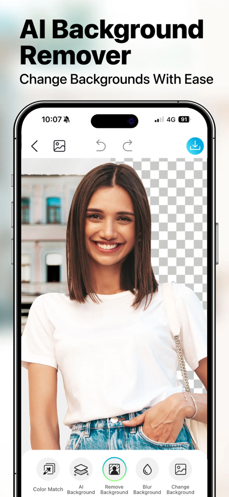 YouCam Enhance: Photo Enhancer - Interfaccia dell'app YouCam Enhance che dimostra la funzione di rimozione dello sfondo AI su un ritratto fotografico