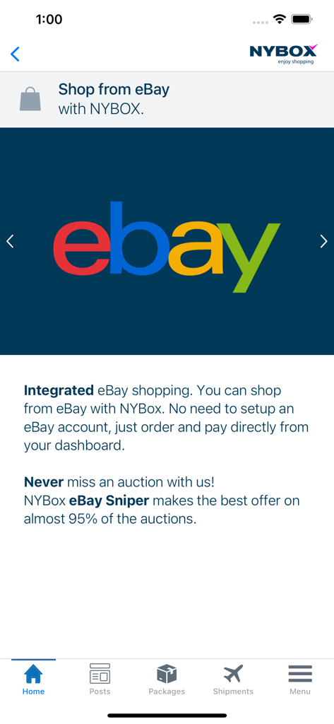 NYBox - NYBox app interface showing integrated eBay shopping and auction bidding tool