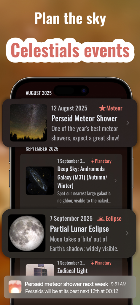 Sunset Prediction AI : Solora - Solora app screen displaying a list of upcoming celestial events including a meteor shower and a lunar eclipse