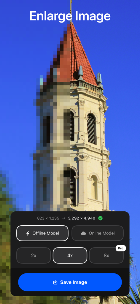 Comparaison côte à côte d'une tour pixélisée et d'une version nette haute résolution utilisant le redimensionnement par IA.