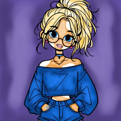 girl with a messy ponytail glasses a baggy crop top and jean shorts