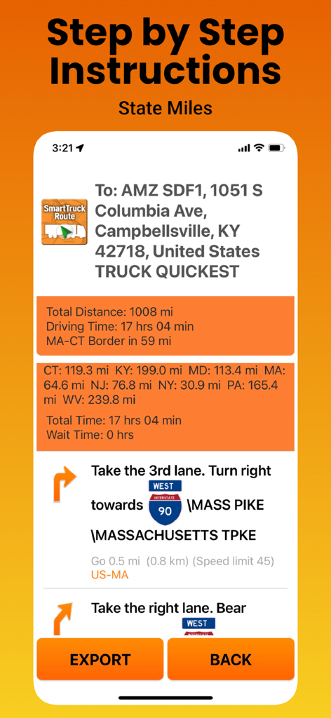 SmartTruckRoute app screenshot showing step-by-step navigation instructions and a state-by-state mileage breakdown for truck drivers
