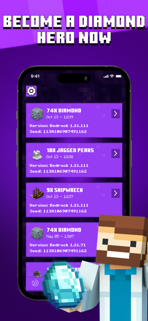 Interface of the Diamond Finder for Minecraft app showing locations for diamonds and structures for specific world seeds