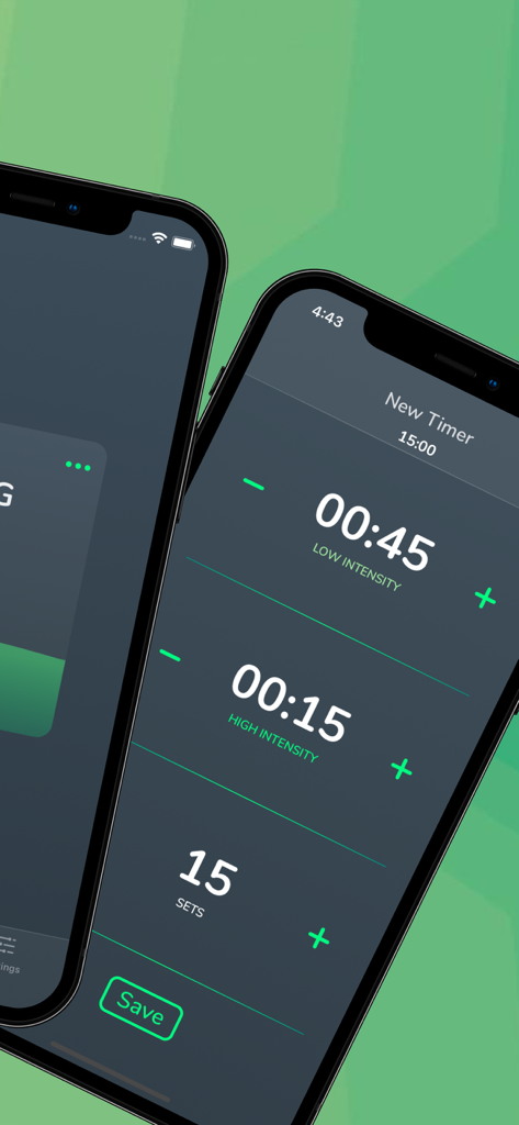 Interval Timer | Cero - Interface of the Cero app on an iPhone showing a custom interval timer setup with high and low intensity segments