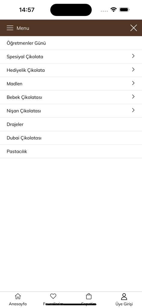 Melodi Cikolata - Menu de navegação do aplicativo Melodi Cikolata apresentando várias categorias de produtos de chocolate