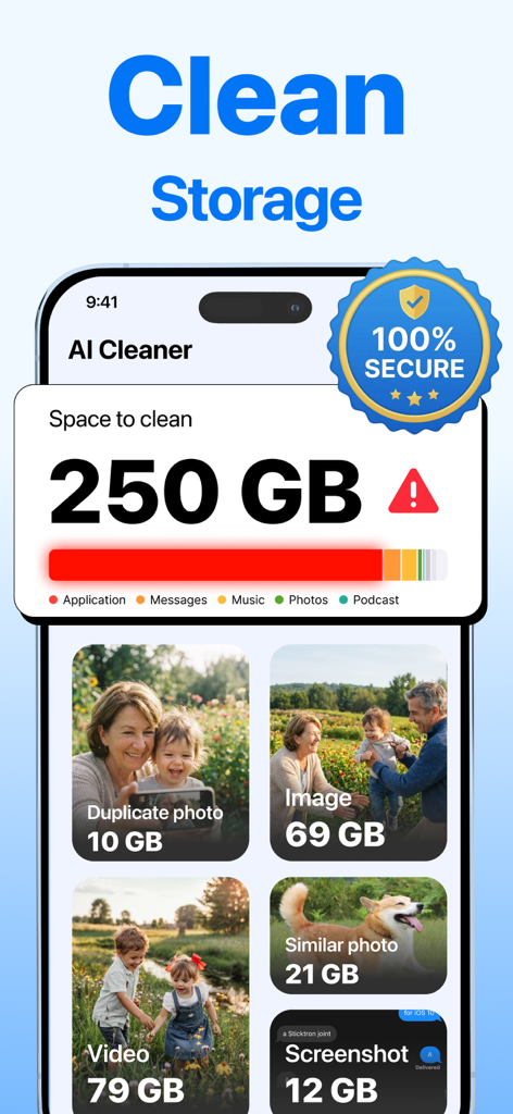 AI Cleaner app dashboard showing 250GB of space to clean including duplicate photos and large videos.