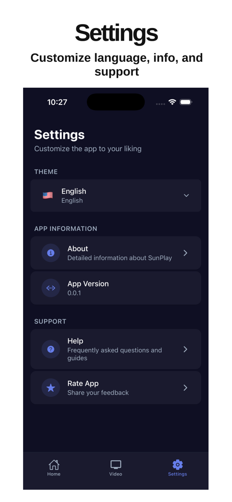 Le menu des paramètres de l'application de lecteur vidéo SunPlay montrant la sélection de la langue et les options de support.