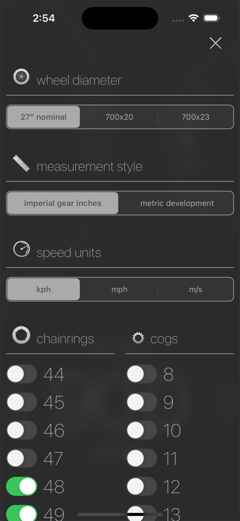 Track Gear Calculator - Track Gear Calculator interface showing settings for wheel diameter and gear inventory