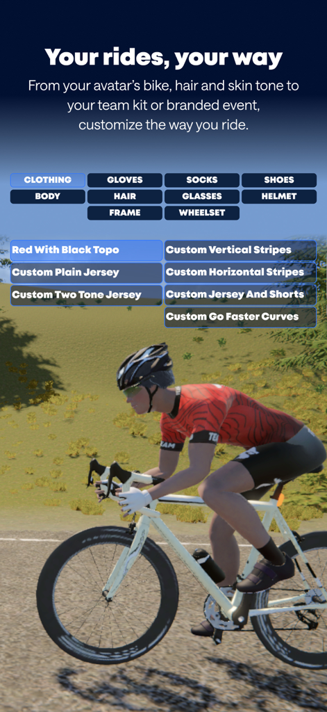TrainingPeaks Virtual Cycling - Écran de personnalisation d'avatar et de vélo de TrainingPeaks Virtual Cycling