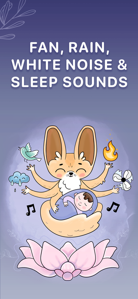 Illustration mignonne d'un personnage berçant un bébé endormi avec du texte listant les sons de pluie, de vent et de bruit blanc pour le sommeil