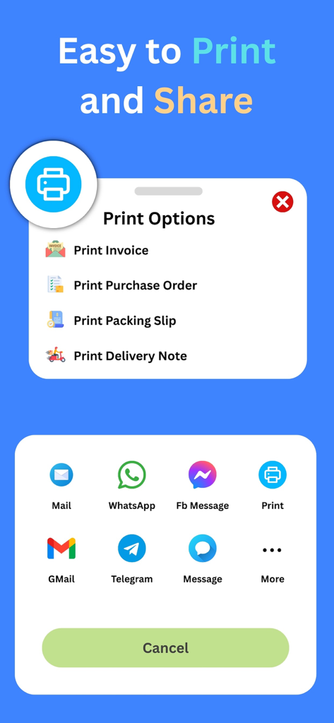 Interface montrant les options d'impression et de partage pour les factures et documents commerciaux dans l'application mobile ezInvoice.