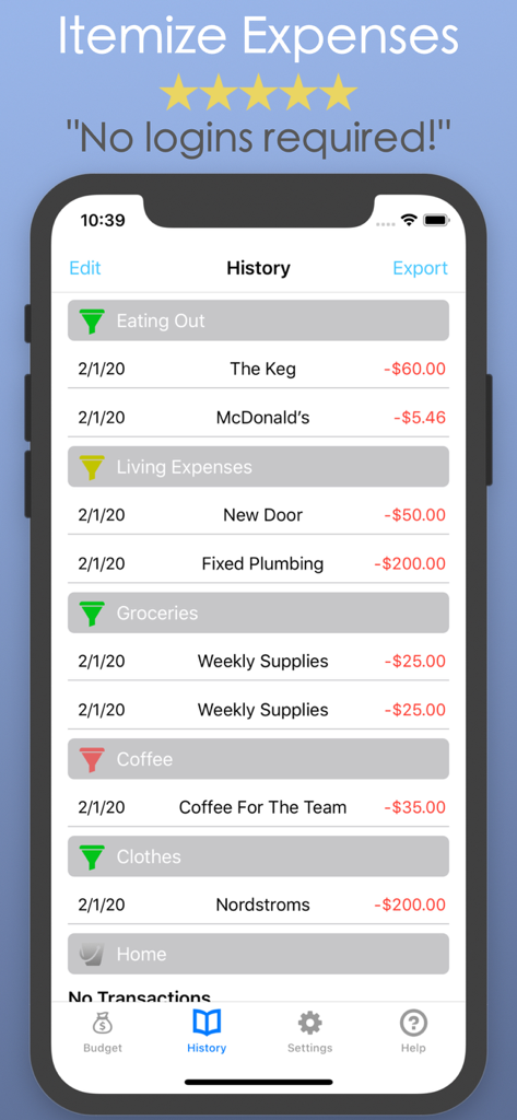 Budget - Easy Money Saving App - Transaction history screen showing itemized expenses in the Budget app