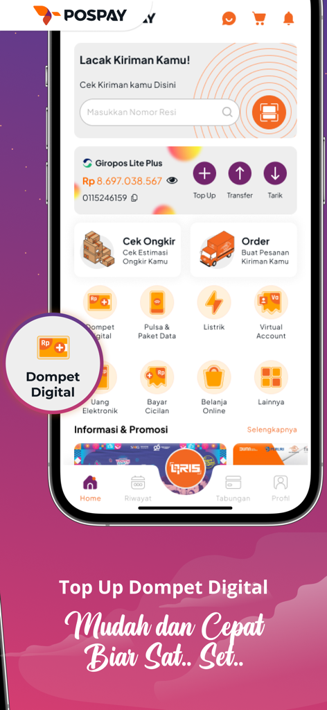 Home screen of the POSPAY mobile app highlighting the digital wallet and financial services interface.