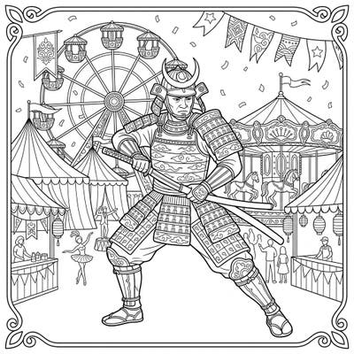 Dive into a uniquely imaginative adult coloring page showcasing a stoic samurai warrior amidst a lively carnival setting. This intricate design promises a rewarding and relaxing coloring experience for advanced enthusiasts.