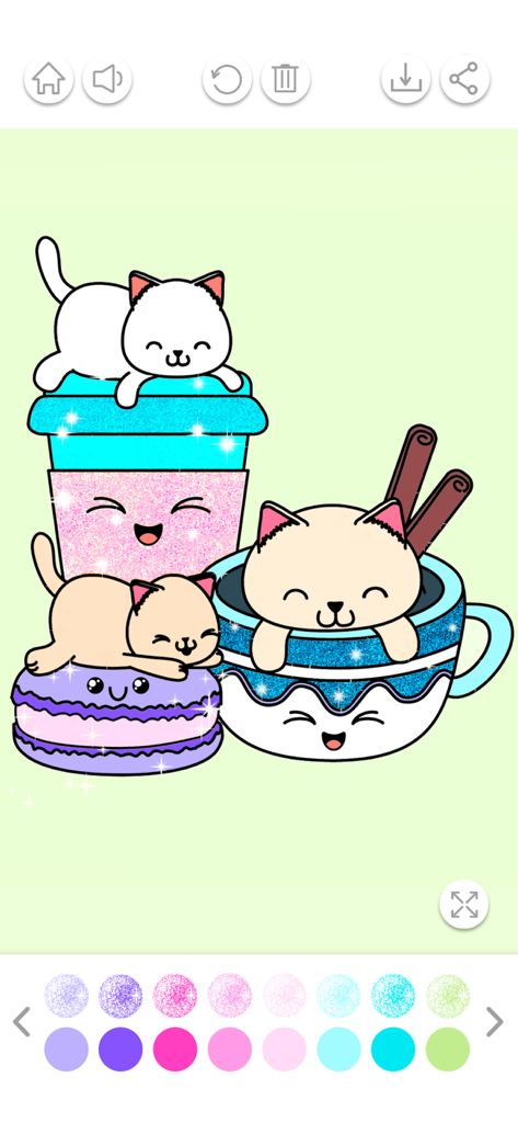 Una simpatica pagina da colorare kawaii con gatti su una tazza e un macaron con effetti glitter scintillanti